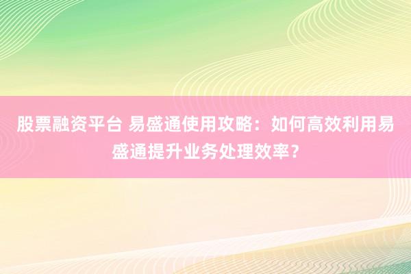 股票融资平台 易盛通使用攻略：如何高效利用易盛通提升业务处理效率？